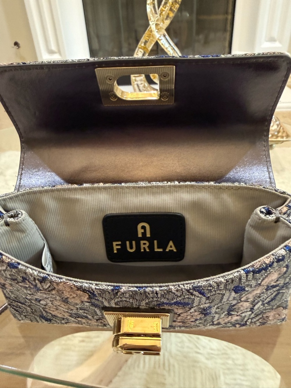Furla 1927 Mini Bag M in Blue Floral Jacquard with Gold Hardware - Picture 10 of 16